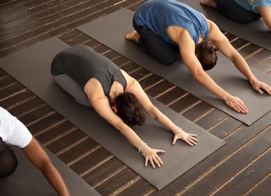 Hot flow yoga class.