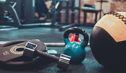 Disassembled Barbell, Medicine Ball, Kettlebell and Dumbell